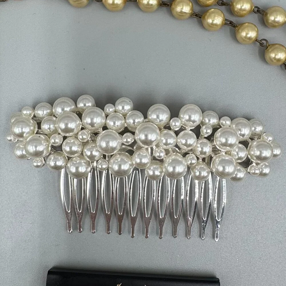 VintageFaux Pearl Lot, Pearl Studded Hair Comb, Necklace, M Vellano Earrings NWT - Picture 5 of 12